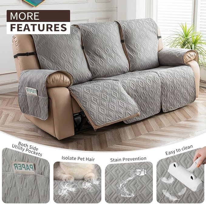 Genina Waterproof Couch Cover for Reclining Couch 3 Seater Non-Slip, Washable