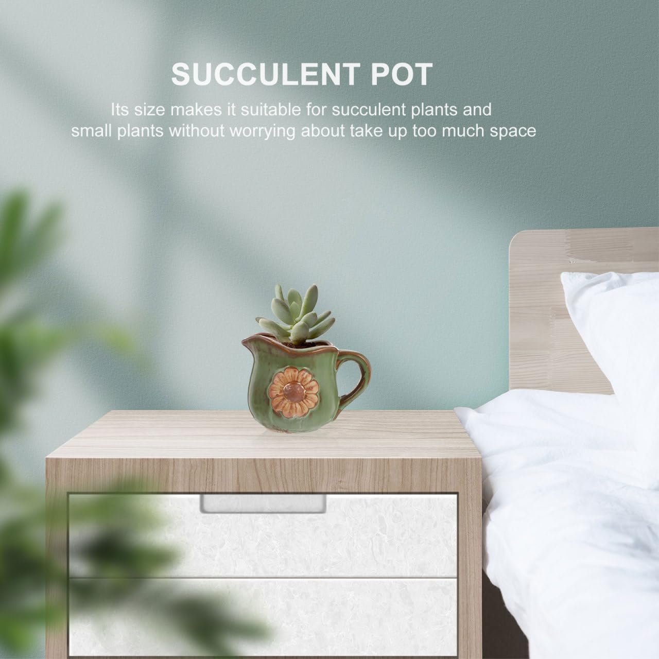 Mipcase Retro Ceramic Plant Pot with Daisy Pattern and Handle Small Indoor Succulent Planter 5.31X3.34X3.93 Inches Gardening Pot for Home and Office Decor