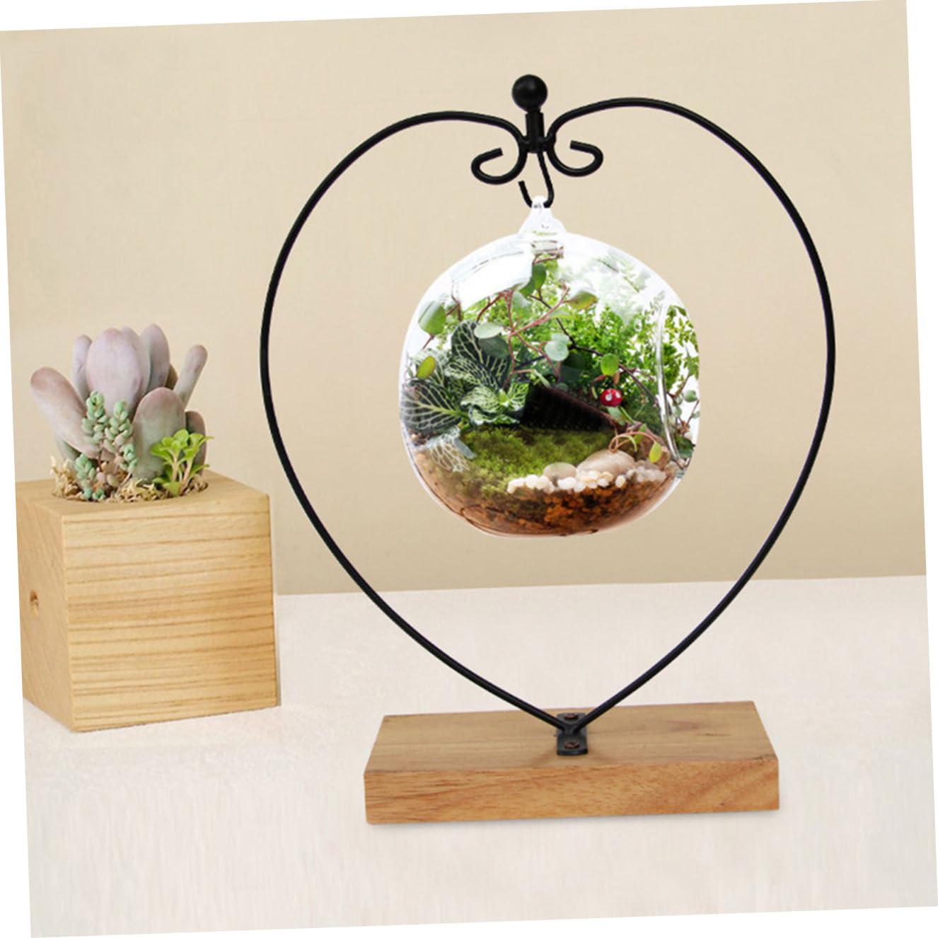 COHEALI Hanging Glass Globe Display Stand with Wooden Base Iron Ornament Holder for Air Plant Terrarium Wedding Party and Home Decoration for Christmas and Birthday Hanging Ornaments