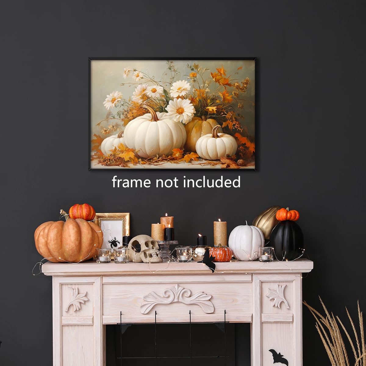 Farmhouse Autumn Pumpkin Canvas Wall Art, White Orange Pumpkins Still Life Painting Pictures, Rustic Farm Fall Daisy Flower Posters, Halloween Thanksgiving Autumn Wall Print Decor 16x24in Unframed