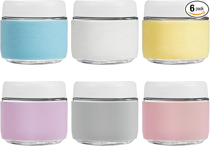 8 oz (6 Pack) Overnight Oats Containers with Airtight Lids and Silicone Sleeves - Perfect for Overnight Oats, Salad, Yogurt, Snacks, Pickles - Leakproof and Reusable Glass Food Storage Containers