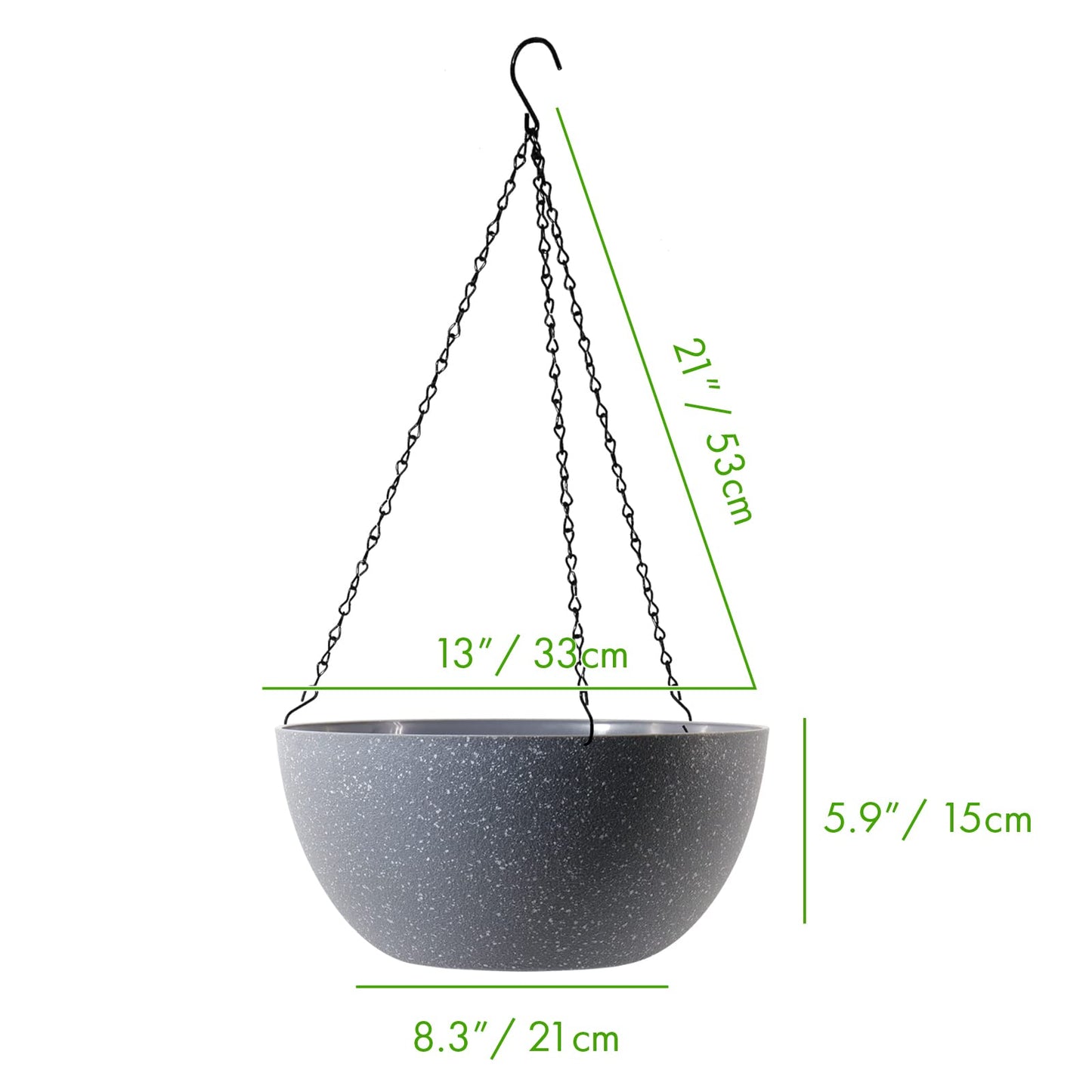 WOUSIWER 13 inch 2 Pack Large Hanging Planters for Indoor Outdoor Plants with Drainage Holes and Chain, Round Hanging Flower Pots for Garden Home Porch Decor, Grey Speckles