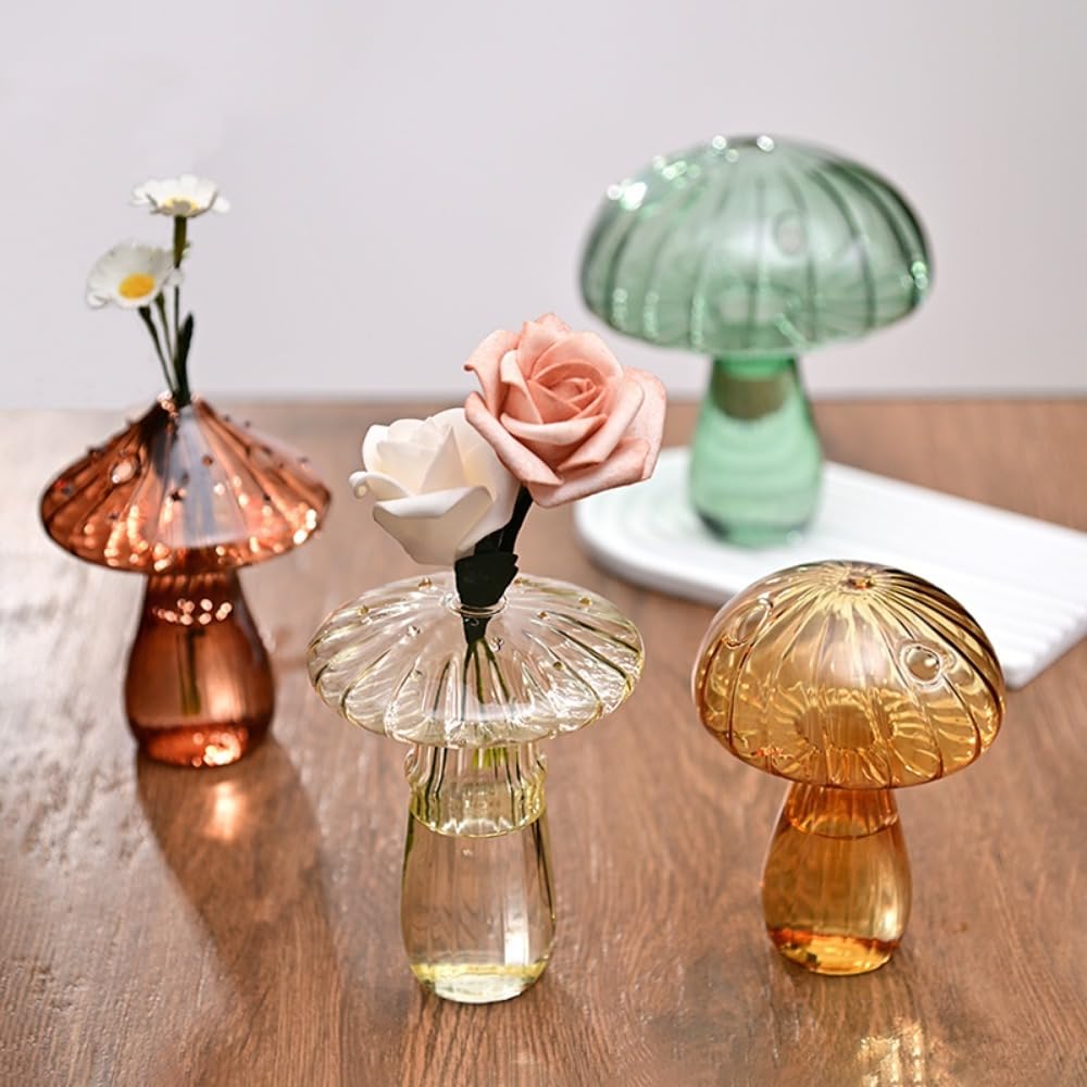 Glass Bud Vases,Cute Mushroom Vase Mini Terrarium Planter for Hydroponics Plants,Flower,Reed Diffuser,Table Centerpiece(A)