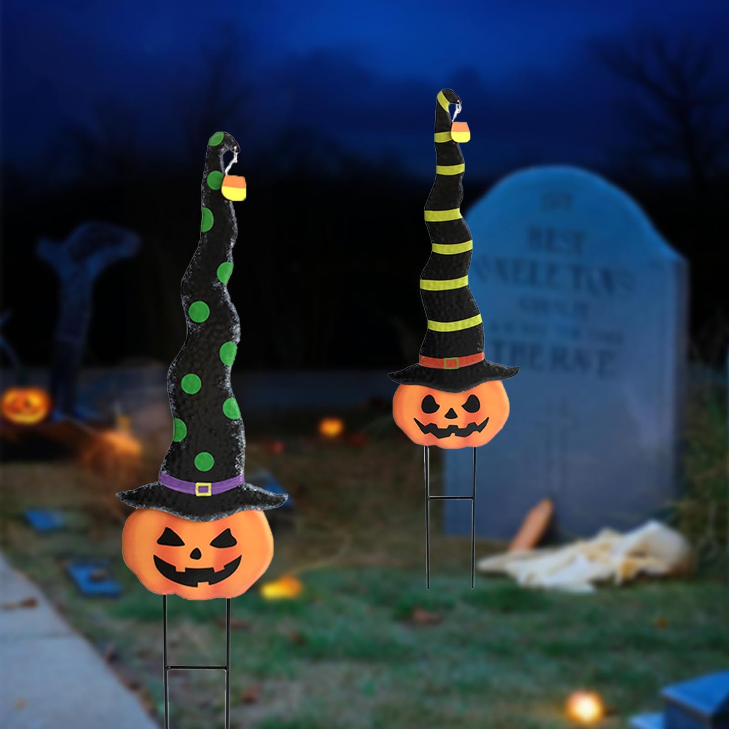 2 Pack Halloween/Thanksgiving Garden Decorations, Metal Jack-O-Lantern Yard Stakes with Witch Hats, Scary Yard Sign Outdoor Lawn Decor, Metal Pumpkin Art Garden Stake,Garden Sculpture Ornament