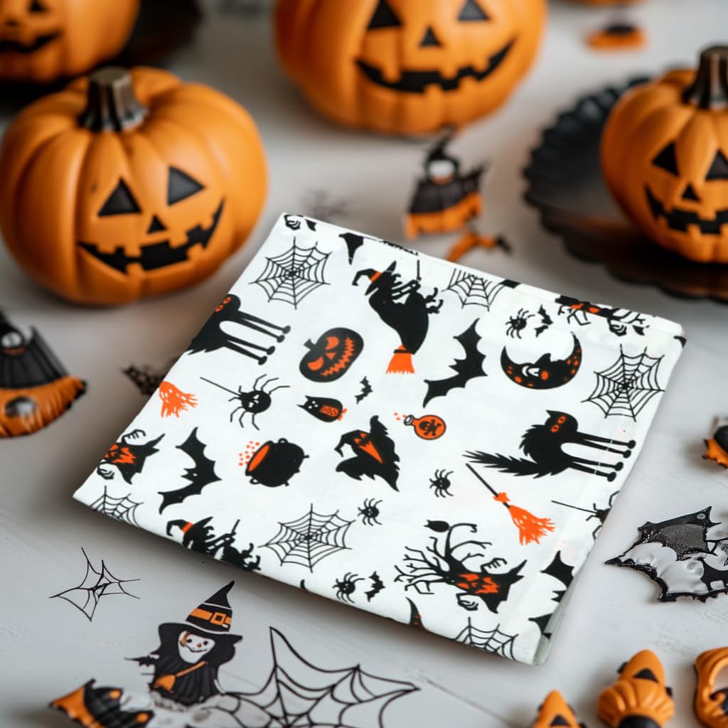 COTTON CRAFT Halloween Cloth Napkins - Spooky Hocus Pocus Dinner Napkins - Set of 12 Pure Cotton Reusable Washable Napkin - Halloween Decorations - Halloween Party Décor - 17 x 17 - Black White Orange
