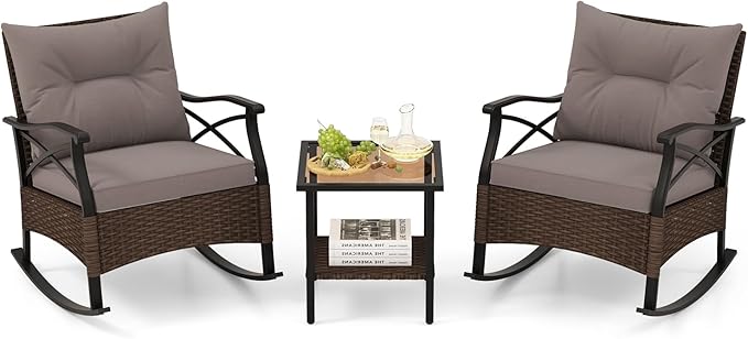 Tangkula 3 Pieces Outdoor Rocking Chairs Set, Rattan Heavy Duty Cushioned