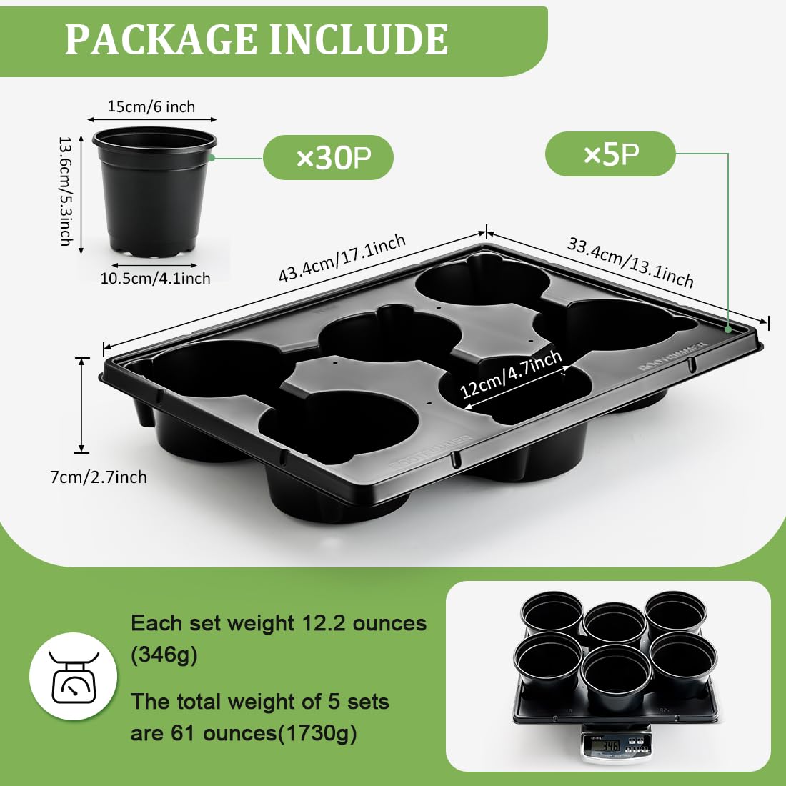 RooTrimmer 6 Inch Plastic Plant Pots 30 Pack and 6 Cell Nursery Pots Trays 5 Pack, Sturdy Seeds Starting Germination Shuttle Carrying Trays, Black Nursery Planting Propagation 5 Sets