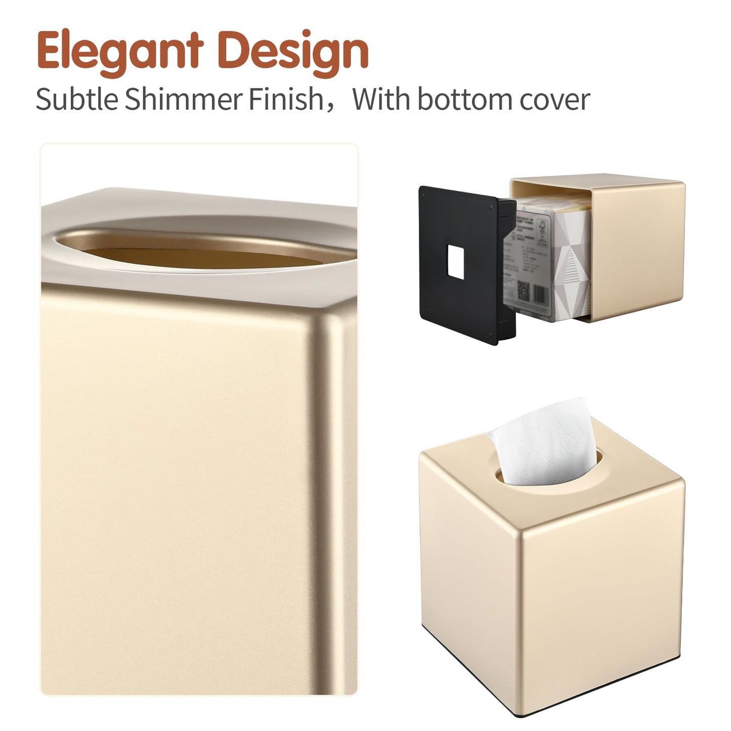Y-in Hand Tissue Box Cover, Decorative Square Facial Storage Tissue Box Holder, Home Accessories for Bathroom Vanity Countertops, Dressers, Night Stand, Parlors and Office - Champagne Gold