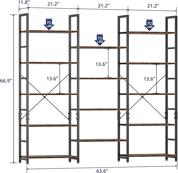NUMENN Triple 5 Tier Bookshelf, Wide Book Shelf