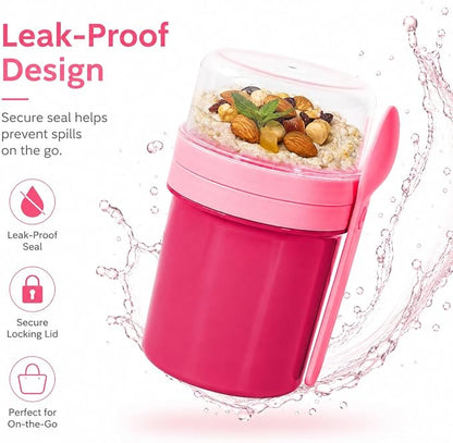 27oz Reusable Yogurt Parfait & Overnight Oats Cups – 100% Leakproof with Lid & Spoon for Meal Prep, Breakfast, Office & Gym (Pink)