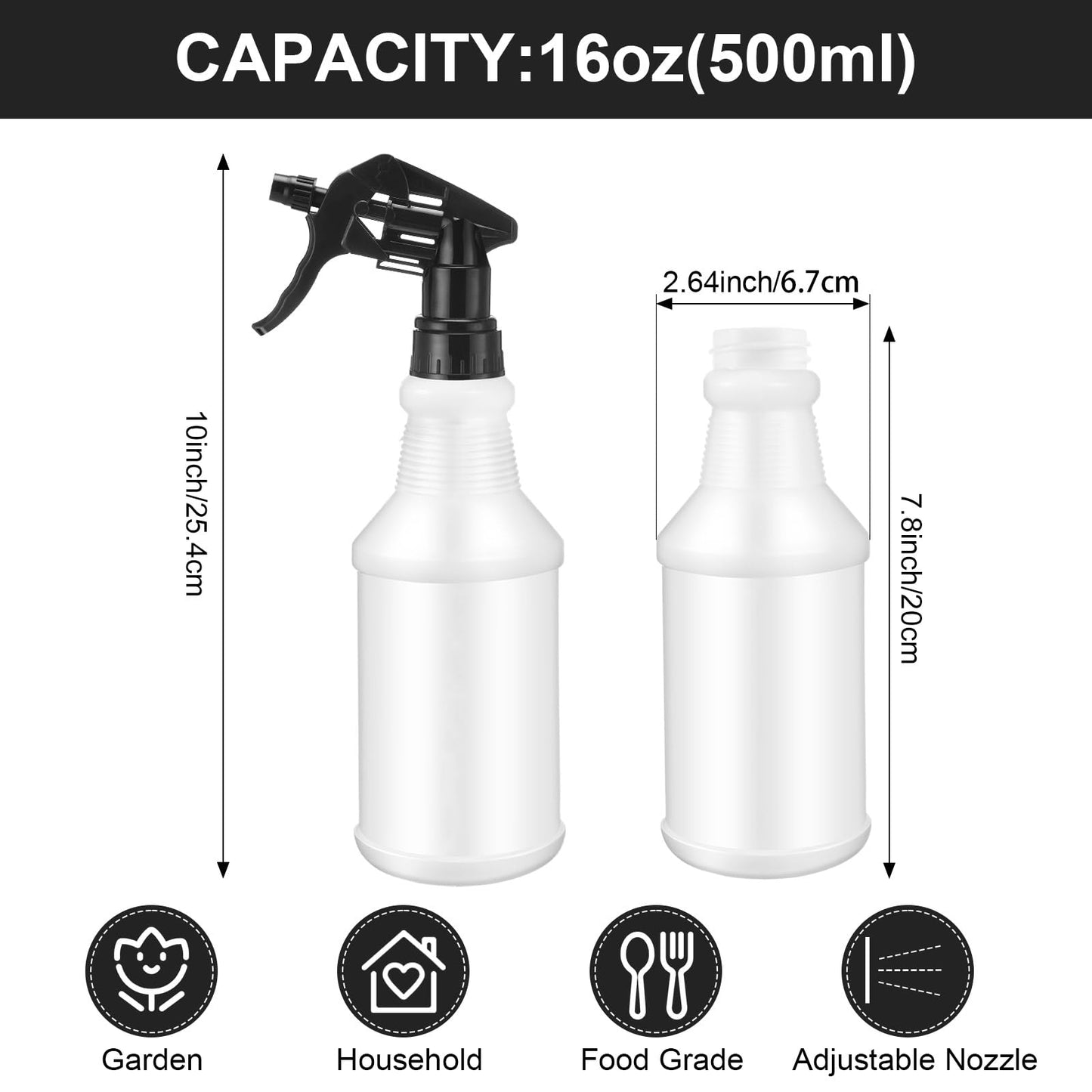 Eccliy 12 Pcs 16 Oz Plastic Spray Bottle, Adjustable Empty Reusable Sprayer for Cleaning, Planting, Water, Bathroom and Kitchen, BBQ, Commercial and Residential (Original,Black)
