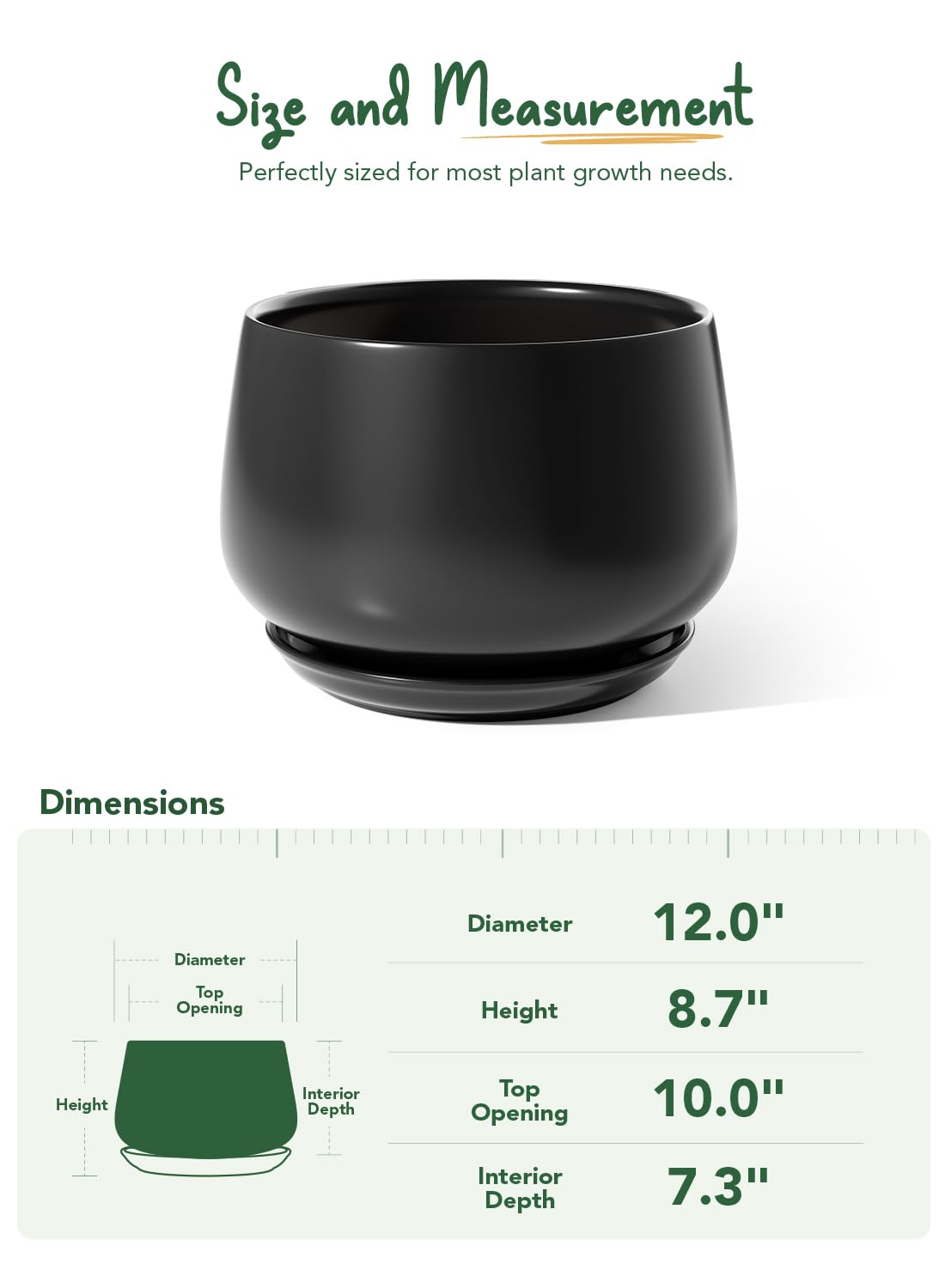 LE TAUCI Ceramic Planters, 12 Inch Pots for Plants, Indoor Plant Pots with Drainage Holes and Saucers, Modern Planters Fit Mid Century Plant Stand, Flower Pots for Indoor Plants, Black