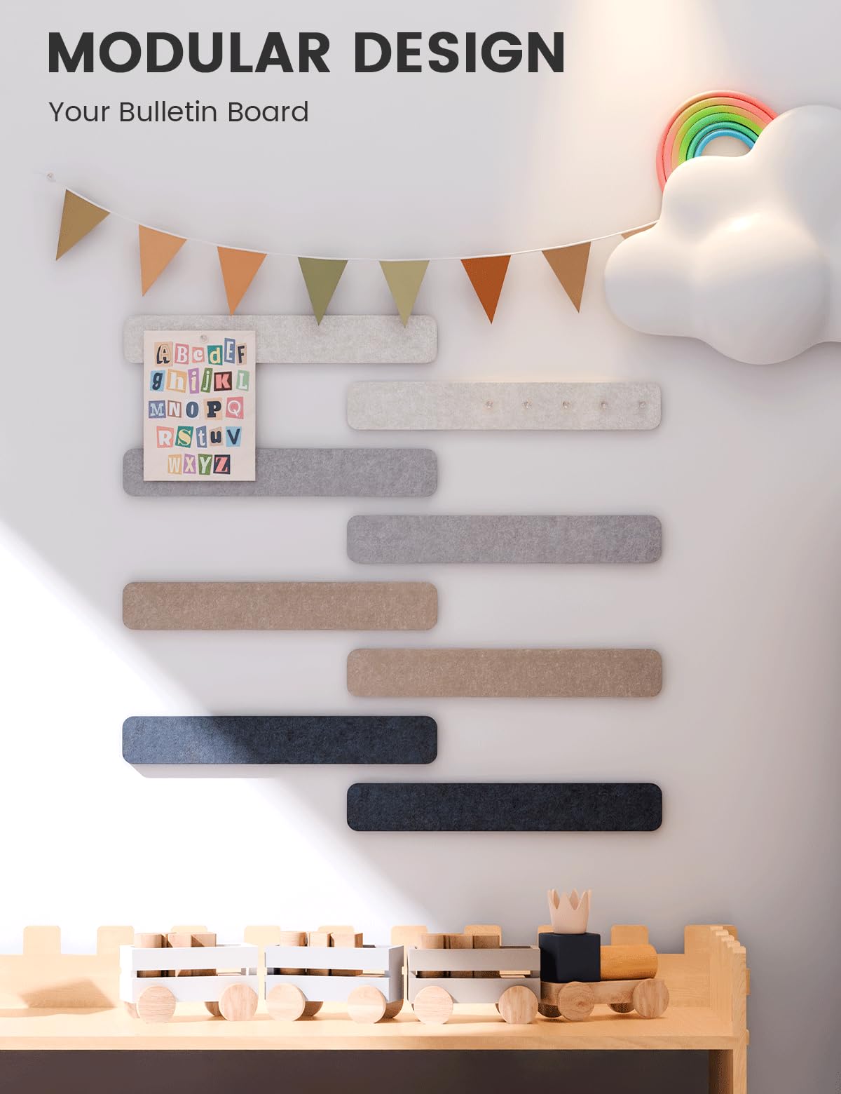Fluxynara Cork Board Alternative Felt Strip Board 8-Pack 13"x2", Office Pin Board with 50 Push Pins, Adhesive Install for Bedroom Door & Home Office (Nordic Slate)