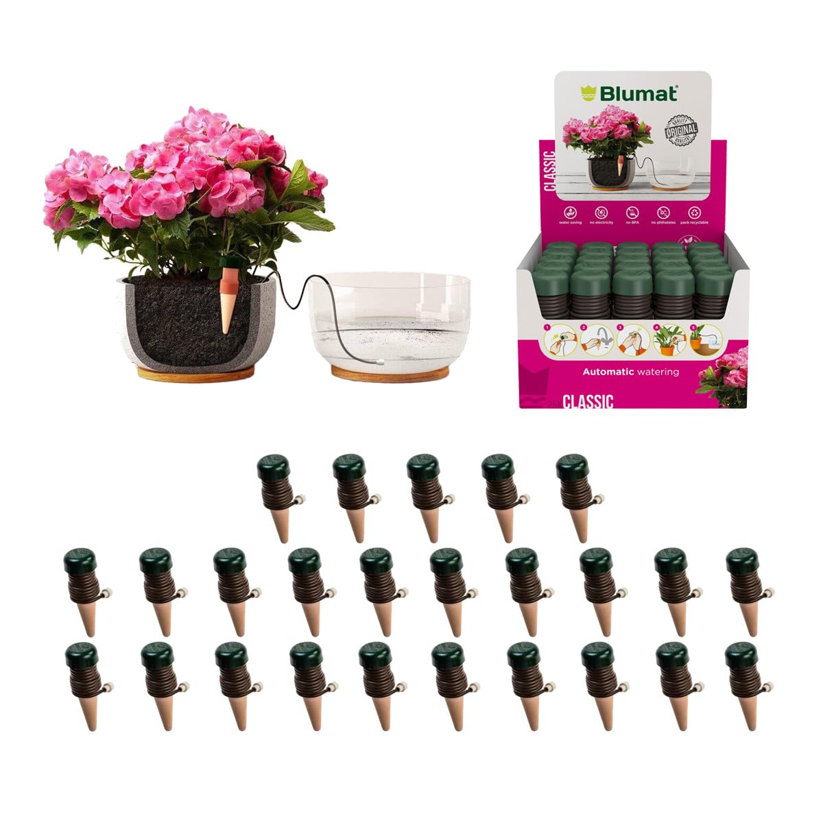 Blumat Classic Self-Watering Stakes - Prevents Overwatering and Underwatering for Healthy Growth While You are Away - Ideal for Indoor Plant Watering, 25 Pack, wo Adapter