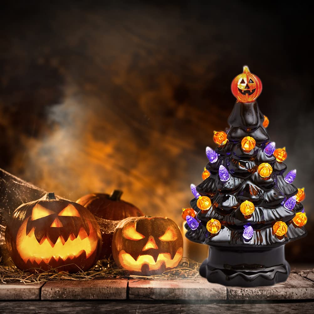 Halloween Ceramic Tree Decorations, Lighted Black Ceramic Tree with Glowing Pumpkin Lights Battery Powered Tabletop Lamp for Indoor Home Office Halloween Fall Decor, 3.94x6.81in