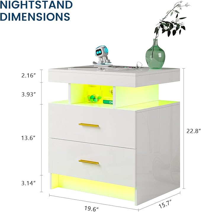 HNEBC Nightstand Set of 2 with Charging Station, Auto LED Night Stand with