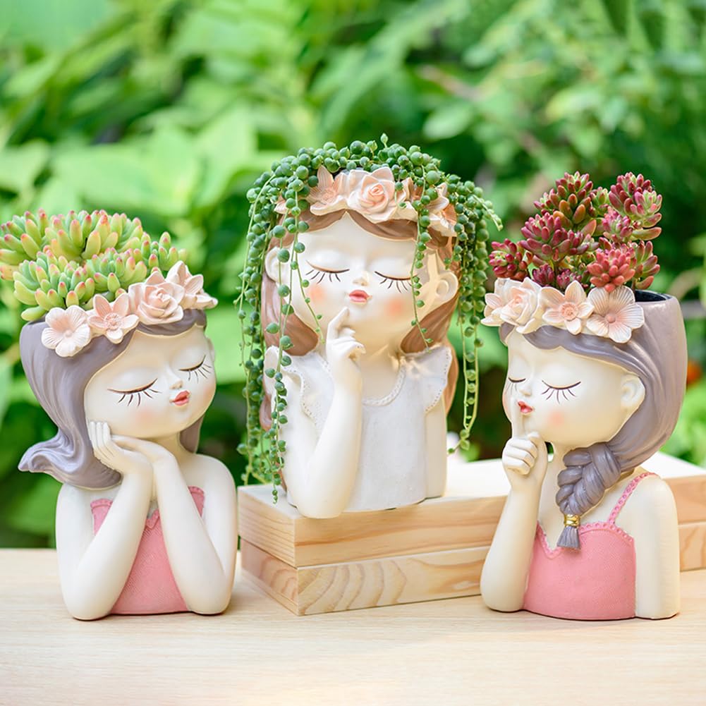 Snowy sunday Adorable Fairy Girl face Succulent Pot 2-Packs with Drainage Hole, Resin Head Planter Pot for Indoor Plants, Decorative Flower vase,Gifts Idea for Lady (Medium-Tranquility)