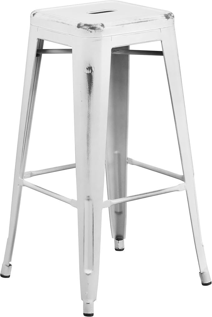 Flash Furniture Kai Commercial Grade 30" High Backless Distressed White Metal