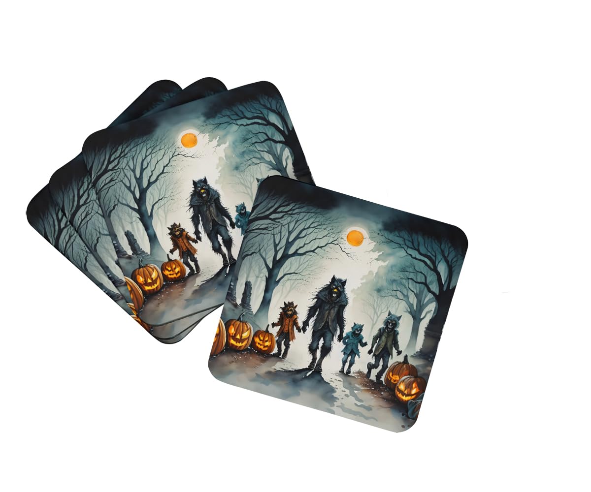Caroline's Treasures Werewolves Spooky Halloween Foam Coaster Set of 4 Cup Coasters for Indoor and Outdoor, Coaster for Tabletop Protection, Anti Slip, Mouse pad Material