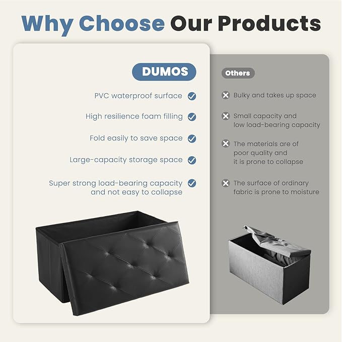 DUMOS 30 Inch Folding Storage Ottoman Bench, Large Hidden Storage Chest