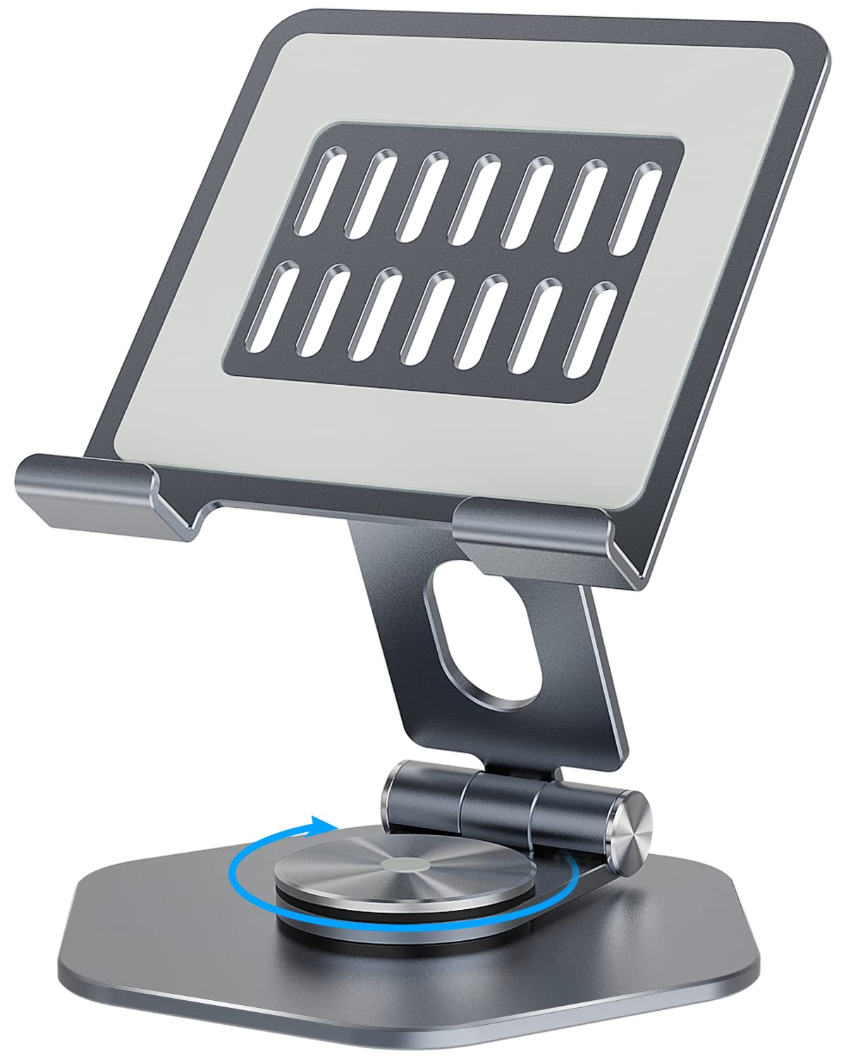 SOJUNER Aluminum Tablet Stand for Desk, 360° Swivel iPad & Tablet Holder – Thickened Material & Foldable Desktop Mount for 5–12.9in Devices, Grey