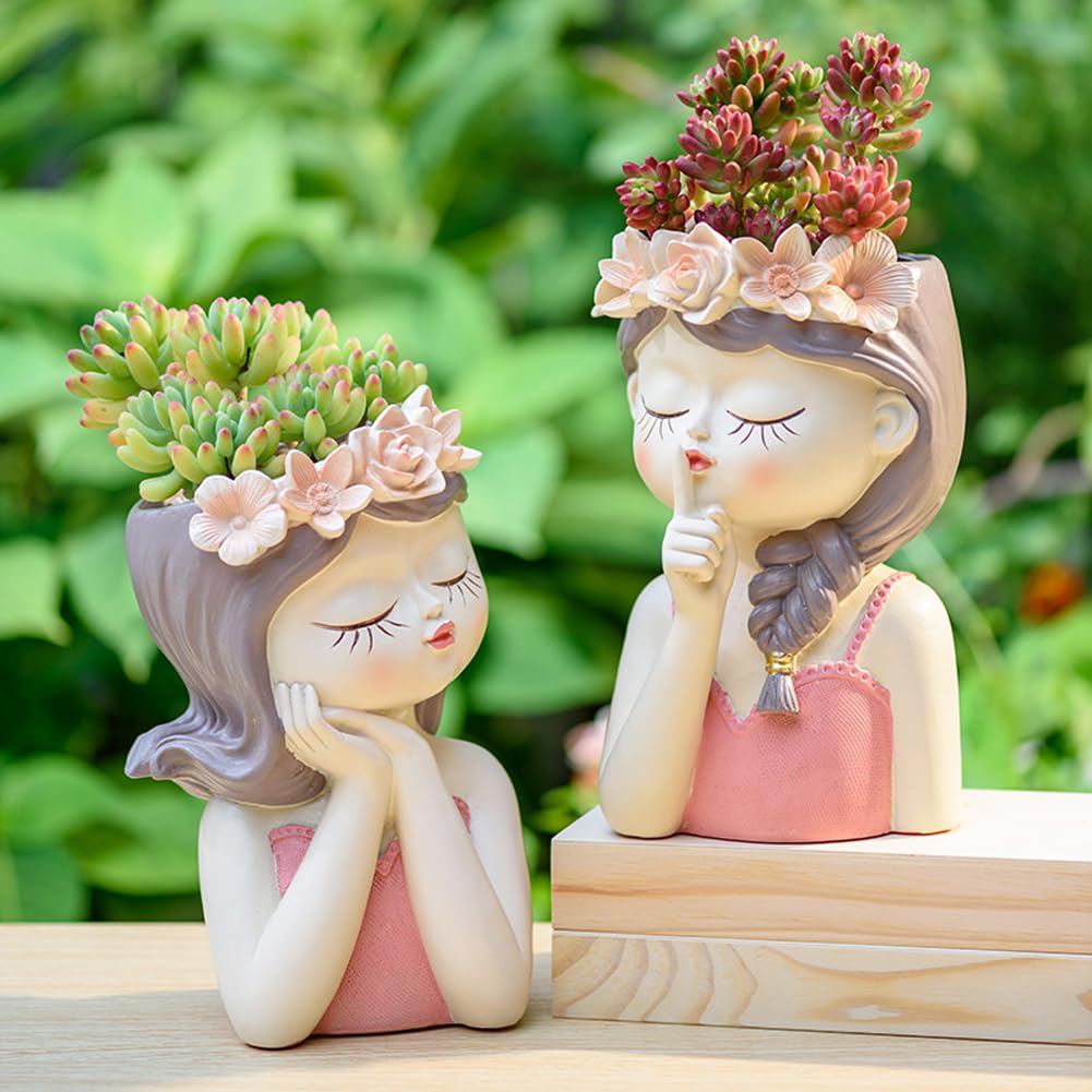 Snowy sunday Adorable Fairy Girl face Succulent Pot 2-Packs with Drainage Hole, Resin Head Planter Pot for Indoor Plants, Decorative Flower vase,Gifts Idea for Lady (Medium-Tranquility)