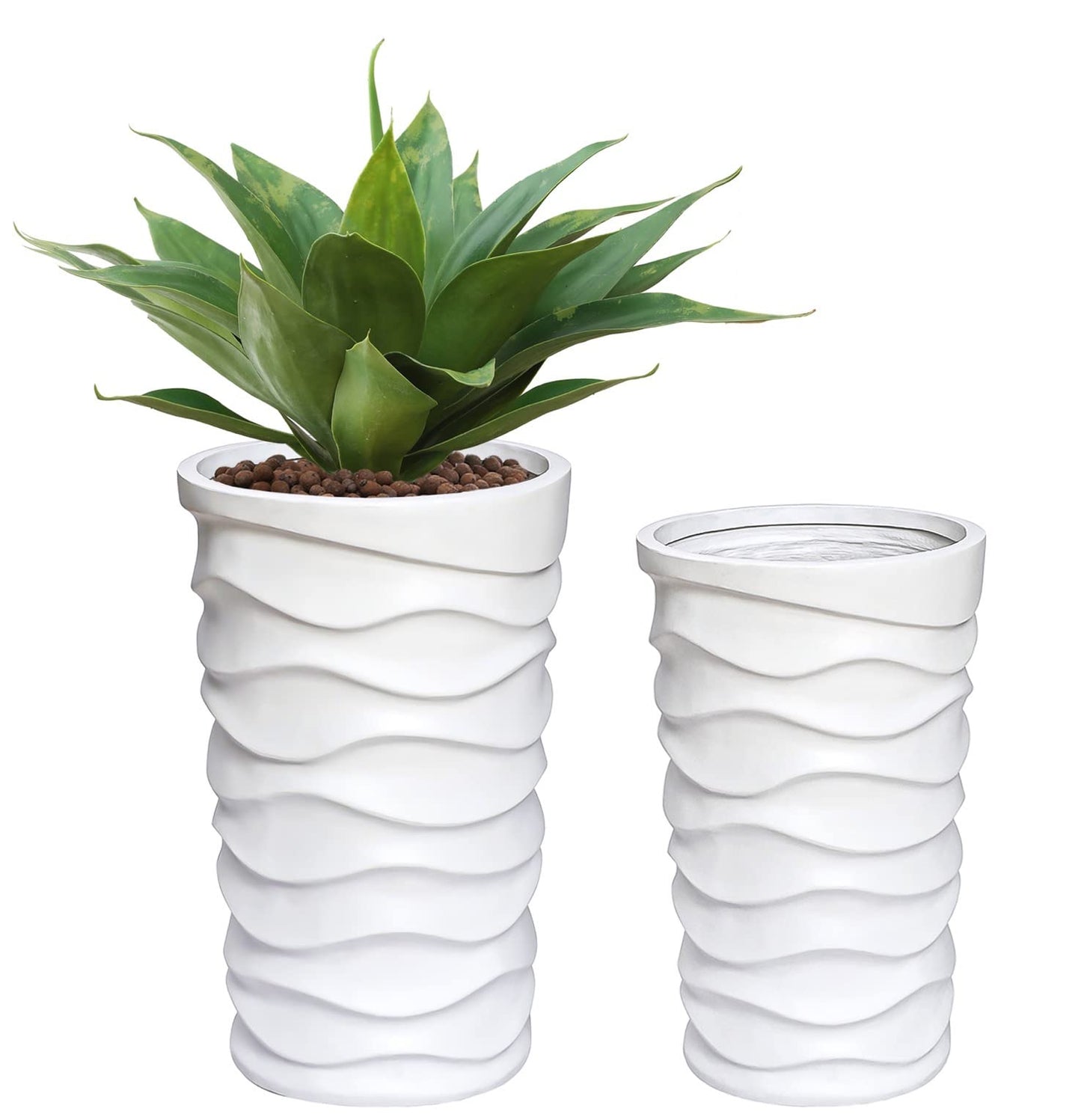 LuxenHome Tall Planters for Outdoor Plants, Set of 2 Indoor Outdoor Garden Plant Pots with Drainage Hole and Rubber Plug, Modern White Waves Flower Pot Concrete Planters for Home Garden Patio Porch