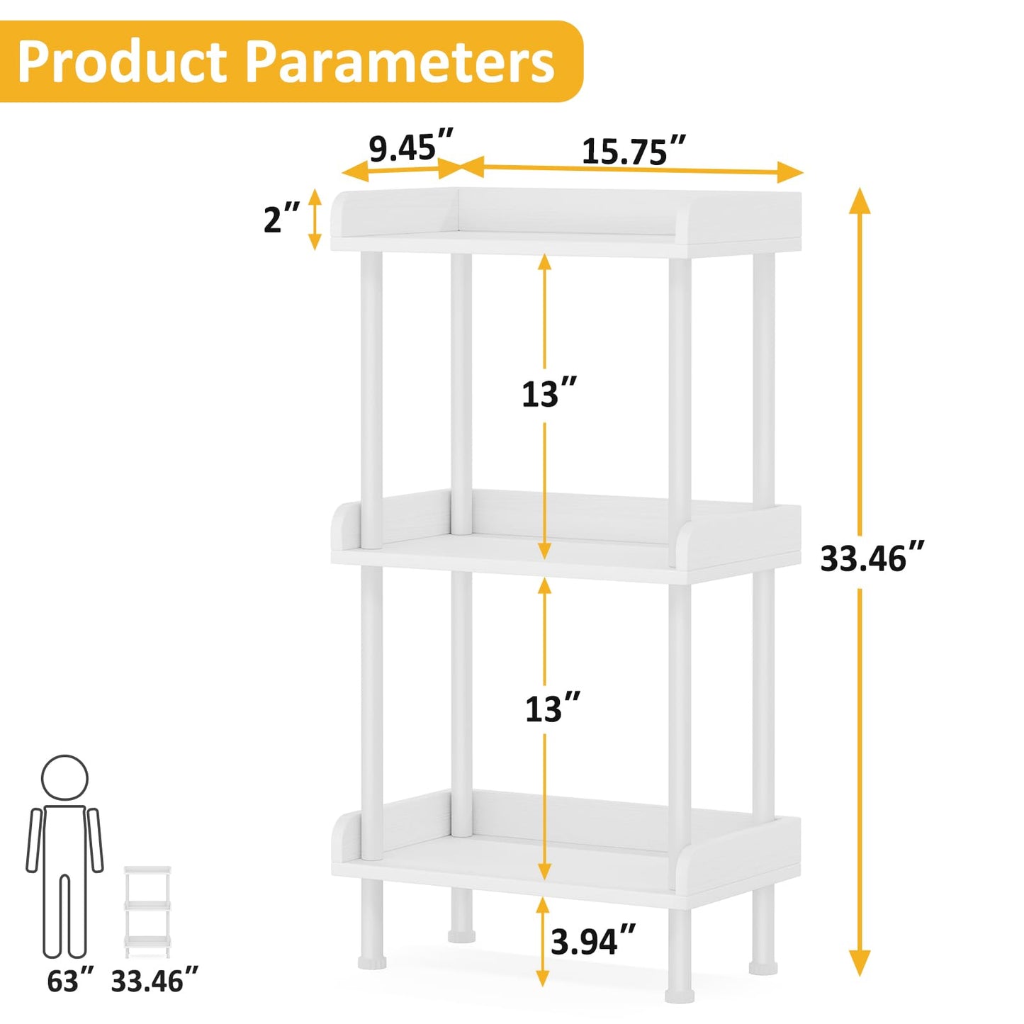 Hosfais 3 Tier Wood Bookcase Industrial Bookshelf with Edge Protection Metal Standing Book Shelves Display Book Rack for Living Room Bedroom Home Office (White)