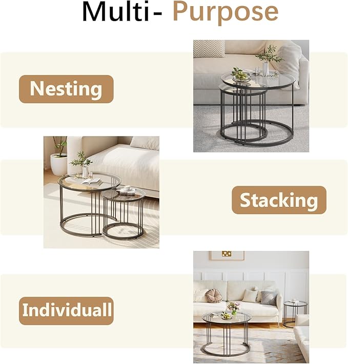 Garden 4 you Nesting Coffee Table, 23.6" Round Coffee Table Set of 2, Glass