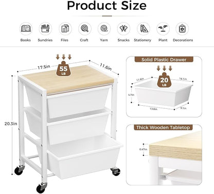Rolling Cart with 3 Drawers, Plastic Drawer Storage Carts with Lockable Wheels & Wooden Tabletop, Metal Art Craft Utility Cart Organizer for Home Office Bedroom Dorm Bedside Classroom, Bright White