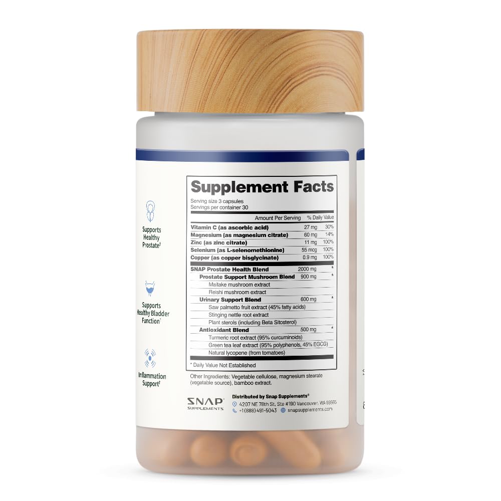 Snap Supplements Prostate Health Support Supplement, Saw Palmetto for Men Plus Stinging Nettle Root, Magnesium Citrate, Zinc and Plant Sterols, Supports Male Urinary Tract Health, 90 Capsules