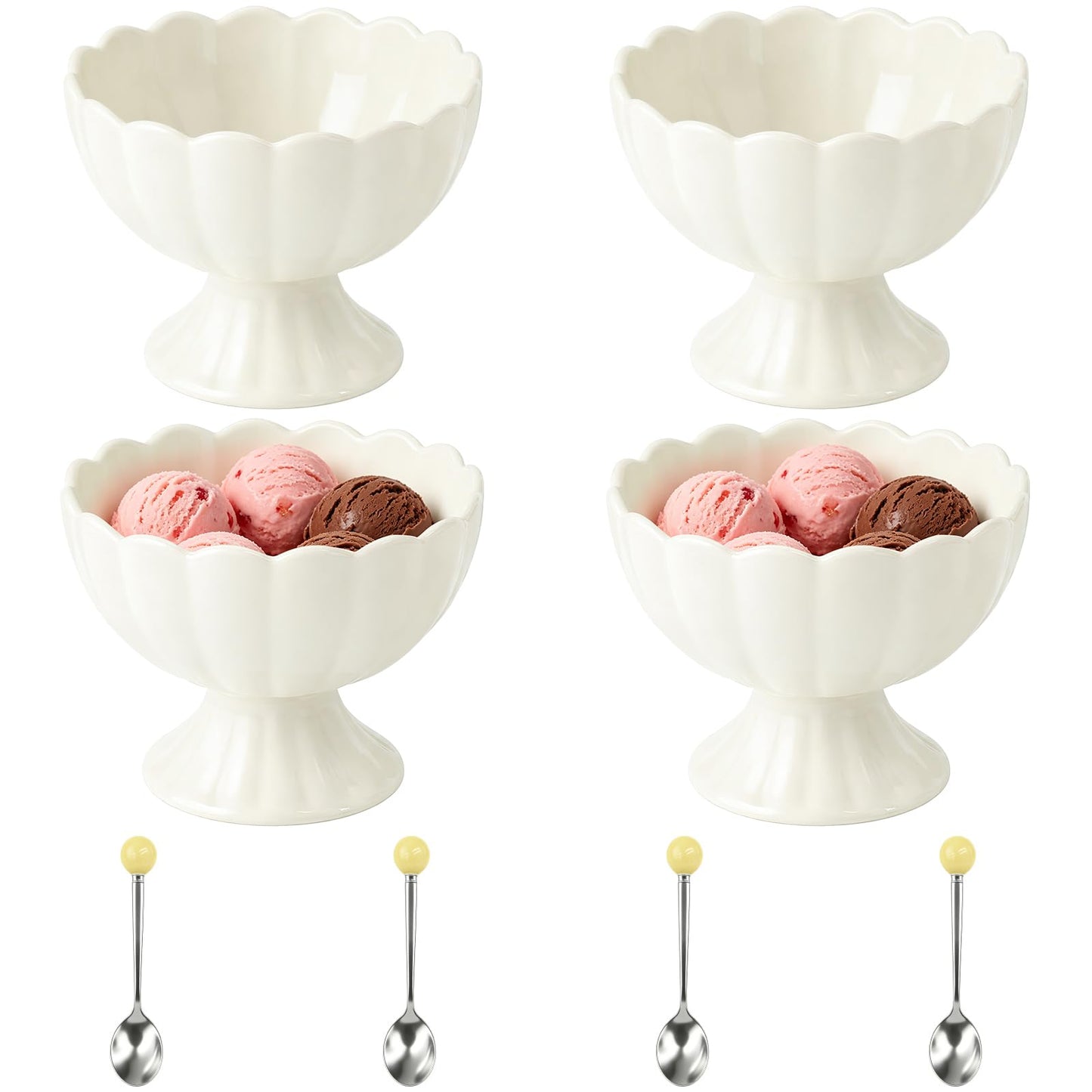 4 Pcs Ceramic Dessert Bowls Set, Elegant Scalloped Rim Pedestal Cups with 4 Spoons, 6.76 fl oz Small Dessert Bowls, Smooth Finish, Easy Clean, 4.5 x 3.5 in for Ice Cream, Snacks, Puddings, White