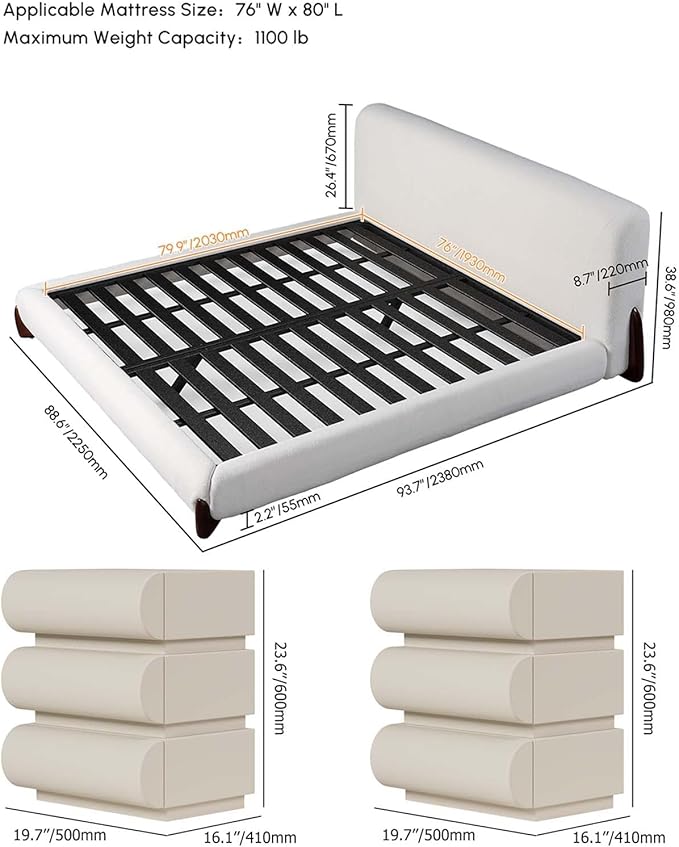 homary 3 Pieces Bedroom Sets, King Size Upholstered Bed