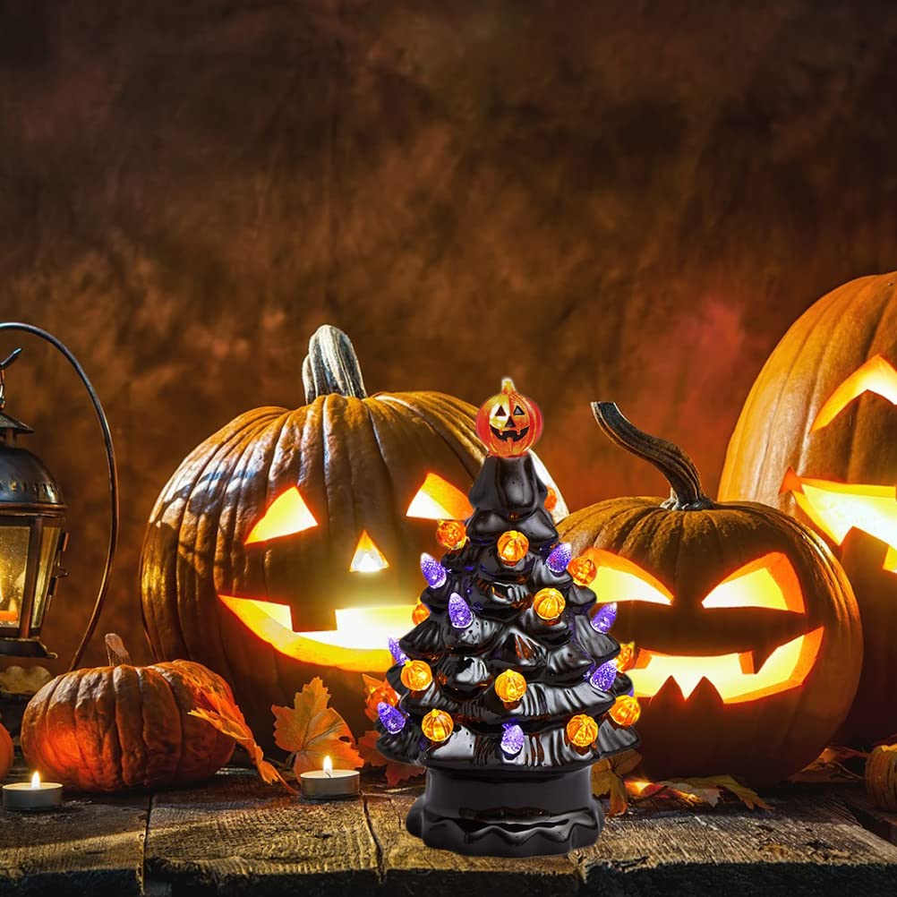Halloween Ceramic Tree Decorations, Lighted Black Ceramic Tree with Glowing Pumpkin Lights Battery Powered Tabletop Lamp for Indoor Home Office Halloween Fall Decor, 3.94x6.81in