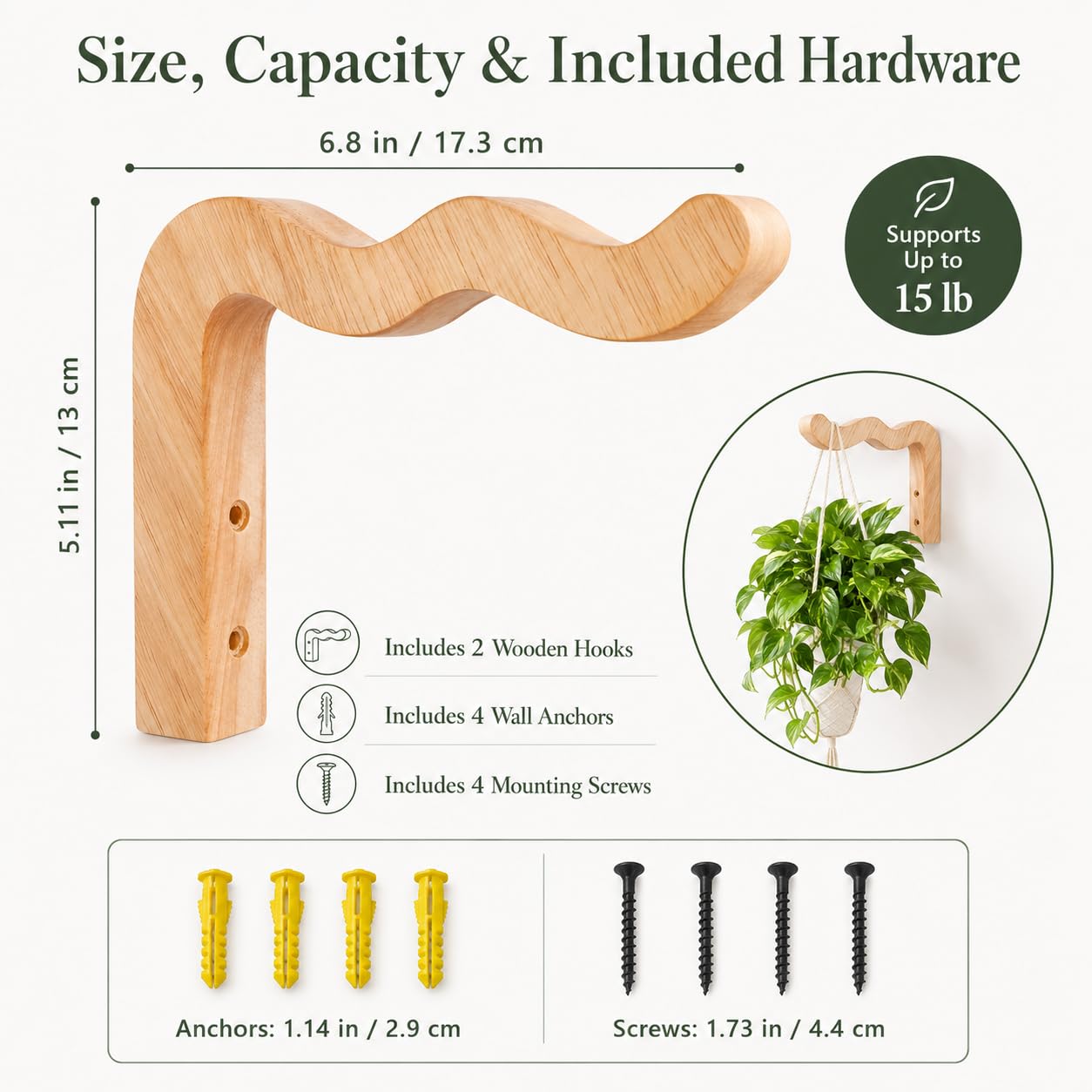FGSAEOR Wood Plant Hangers Wave-Shaped for Outdoor, Wall Mount Hanging Plant Hooks Heavy Duty Indoor Outdoor Hooks for Flower Pots, Wind Chimes, Bird Feeders, 2 Pack (Solid Beech Wood)