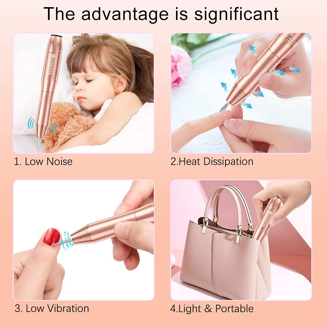 Electric Nail Drill,USB Electric Nail Drill Machine for Acrylic Nail Kit,Portable Electric Nail File Polishing Tool Manicure Pedicure Kit Efile Nail Supplies for Home Salon,Pink
