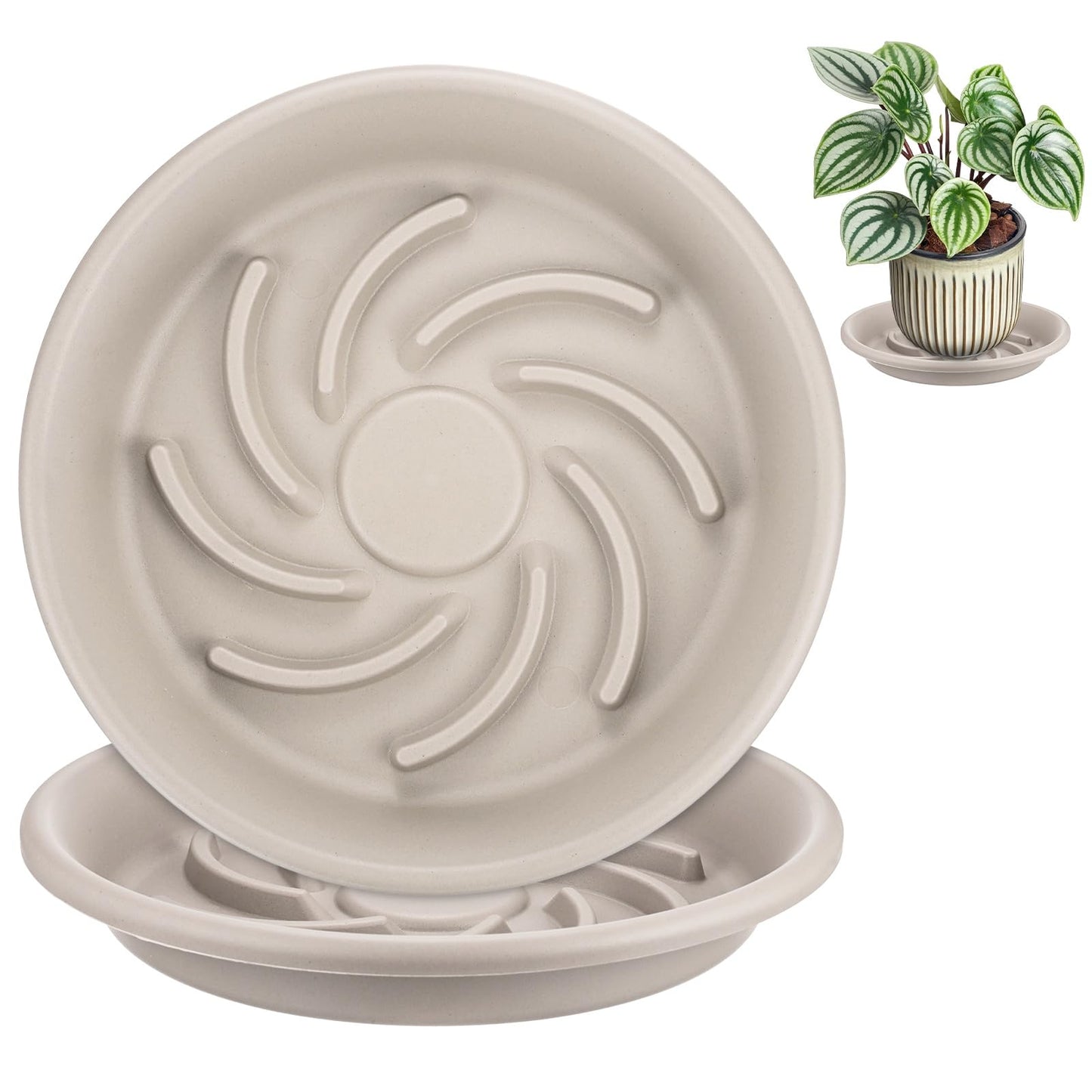 M METERXITY 2-Pack Plant Saucers, 9.4 Inch ID Anti-Rot Root Resin Flower Pot Plant Saucers for Indoor/Outdoor, Flowerpot Drip Tray [11.8 Inch OD, Gray White]