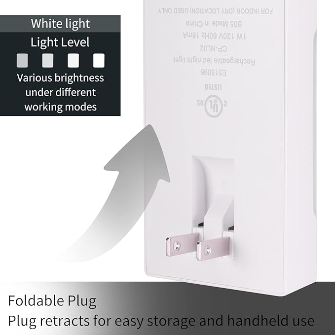 4-in-1 LED Night Light Emergency Backup Light, Motion Sensor, Dusk-to-Dawn Sensor, Rechargeable Battery Operated 5000K Daylight White, LED Flash Light for Home, Power Failure, Hurricane