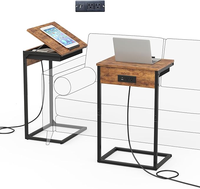 sthmec C Shaped End Table with Charging Station, 45° Tiltable Adjustable Flip