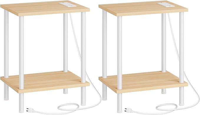 HOOBRO Side Table with Charging Station, Nightstand with 2-Layer Storage Shelves