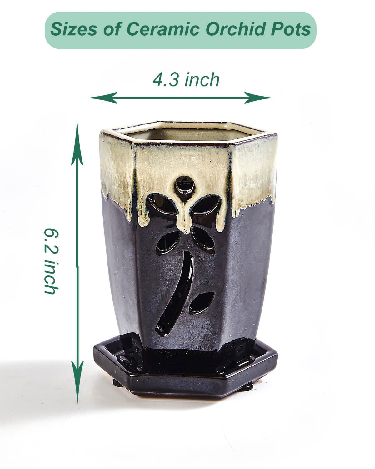 vensovo 4 Inch Ceramic Orchid Pot with Holes and Saucer, 1 Pc Small Hexagon Succulent Planter for Repotting, Garden Flowerpot for Indoor Outdoor Plants, Promotes Air Circulation (Black Mixed)