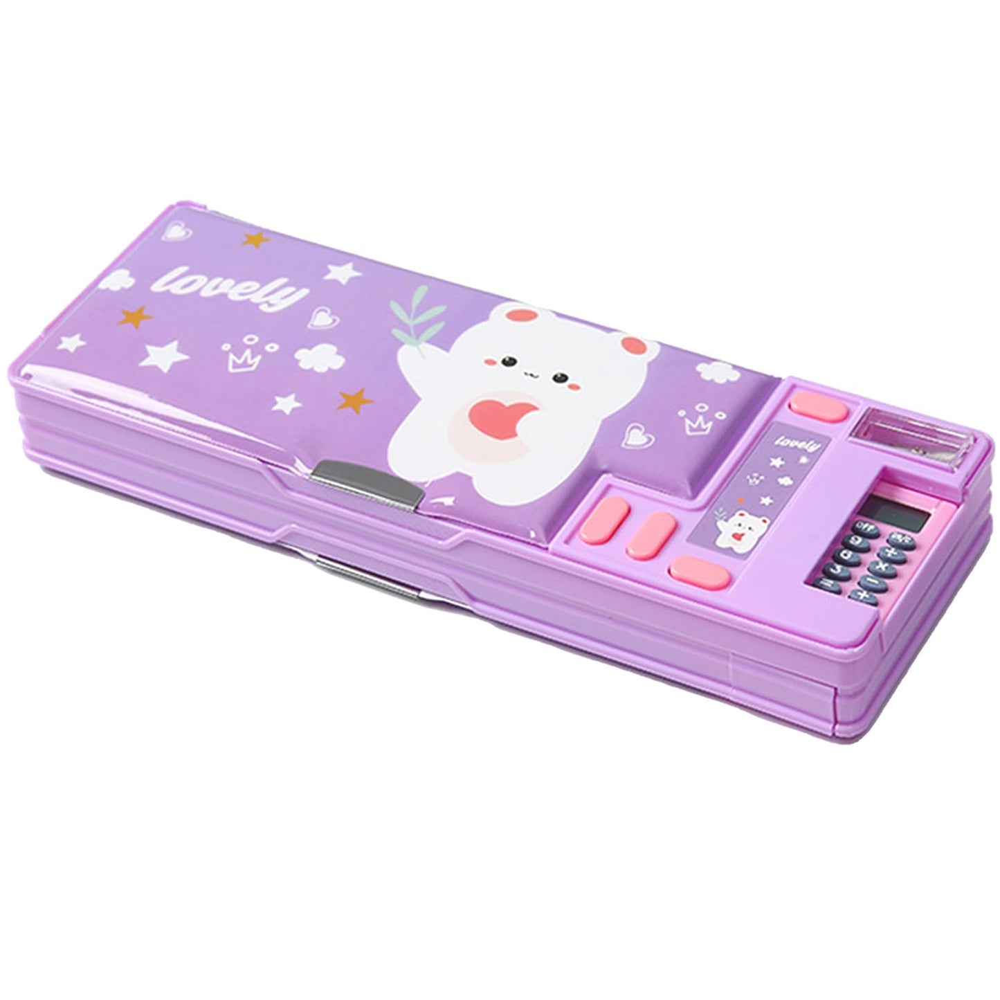 LilyBeauty Multifunction Pencil Case with Calculator, Pencil Sharpener and Curriculum, Multiple Cute Patterns, Suitable for Elementary School Girls, Boys, Great Gifts for Kids (Purple)