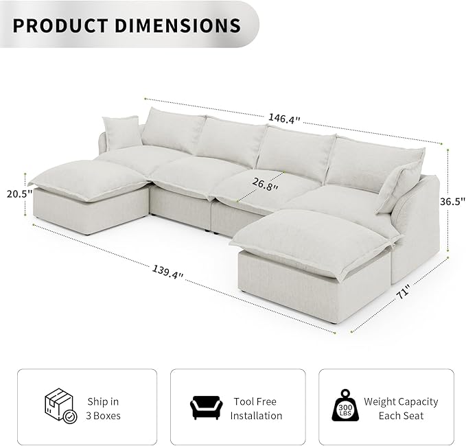 6 Seat U Shape Modular Sectional Couch Sofa