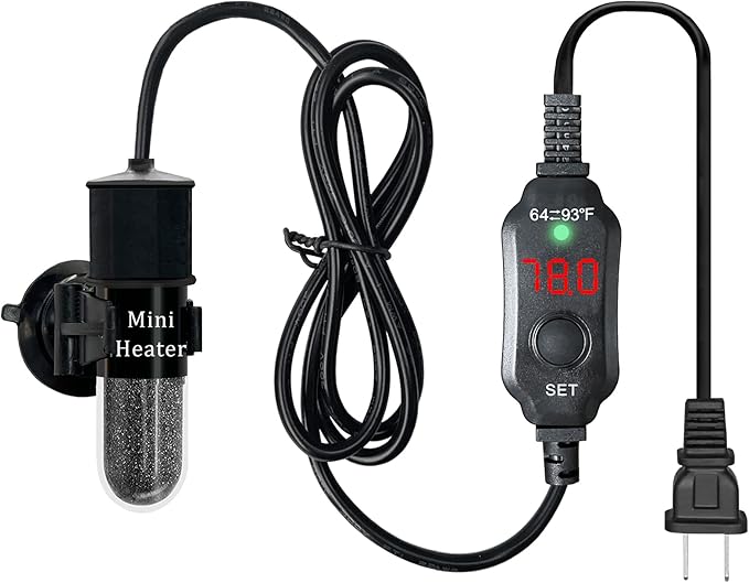 Mini Submersible Aquarium Heater, 25/30/50/100/150/200 Watts Adjustable Fish Tank Heater, Built-in Thermometer, External Temperature Controller, Smart Memory, Used for 1-60 Gallons (30W Plug)