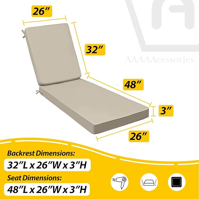 AAAAAcessories Outdoor Chaise Lounge Cushions, Fade-Resistant, Waterproof Patio