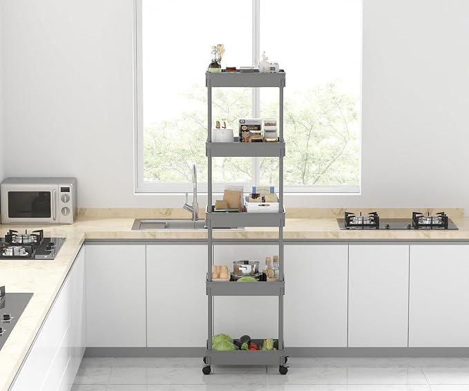 Sooyee 5-Tier Plastic Rolling Utility Cart with Wheels, Multi-Functional Storage Trolley for Office, Living Room, Kitchen, Movable Storage Organizer with Wheels,Grey