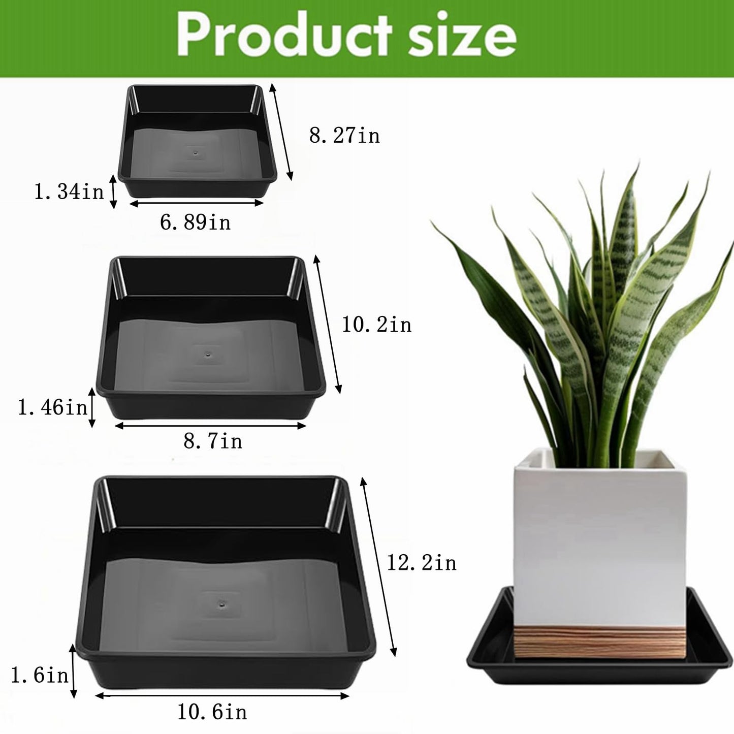 MHXWNHA 6 Pack 8 10 12 Inch Square Plant Saucer, Plant Drip Trays and Flower Pot Saucers, Plant Trays for Indoors No Holes, Plant Drainage Tray Saucers for Potted Plants (Black)