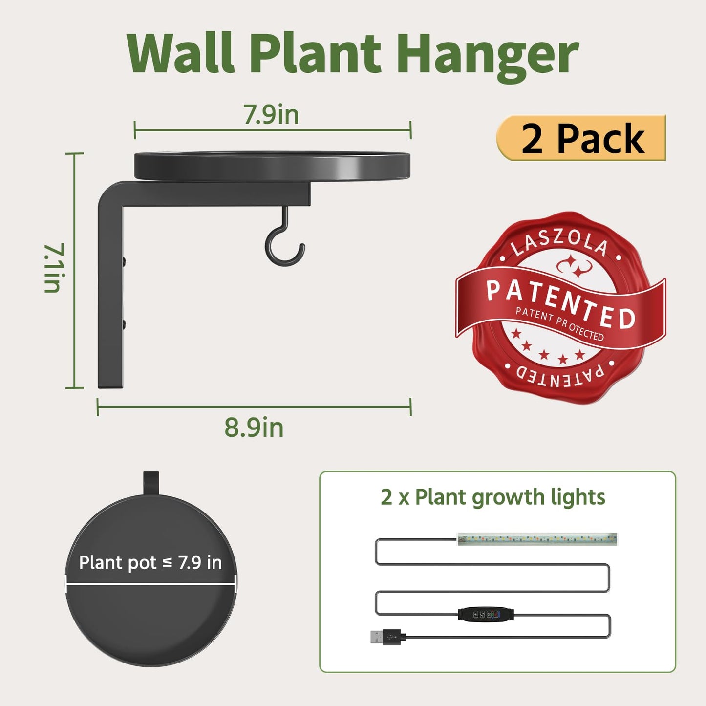 LASZOLA Plant Hangers Shelves Wall Mounted Indoor with Grow Lights, Metal Window Plant Holders, 2Pcs Modern Floating Flower Display Stand with 2 Hooks for Outdoor Kitchen Bathroom Decor, Black