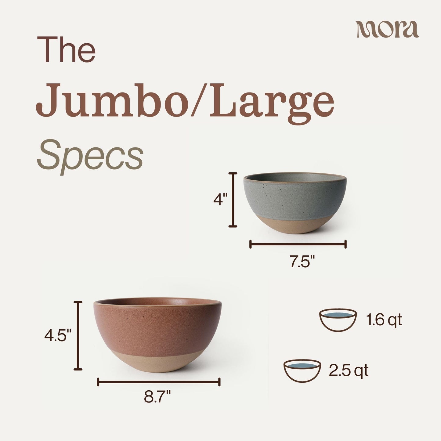 MORA Jumbo and Large Bowls Set of 2, 2.5 and 1.5 Qt Ceramic Pottery Mixing Bowls - Microwave and Dishwasher Safe - Terracotta & Peppercorn