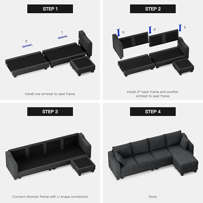 Belffin Sectional Couch with L-Shape Chaise L Shaped Couch with Ottoman